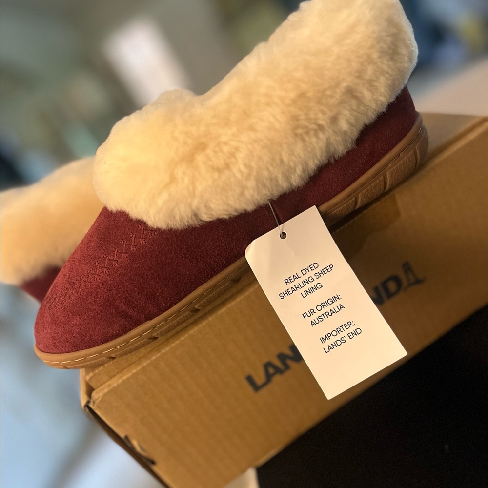 Lands' End Red and Cream Slippers Plush Suede Comfort